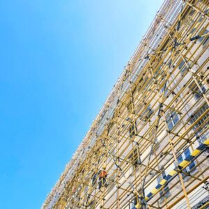 Dynamic scaffolding at a construction site in Shanghai, showcasing modern urban development.